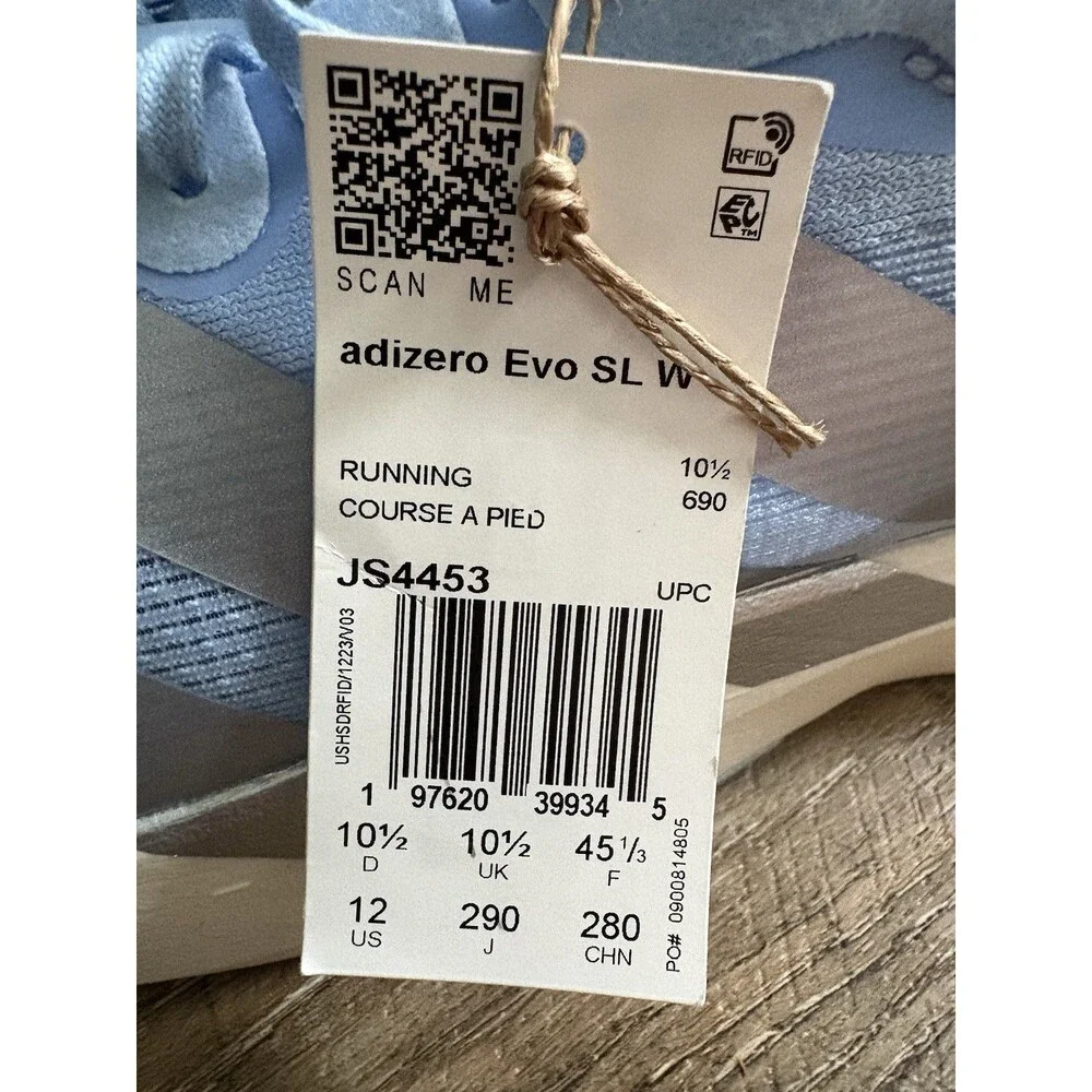 Adidas Adizero Evo SL Running Shoe Glow Blue Silver Womens Sz 12 JS4453